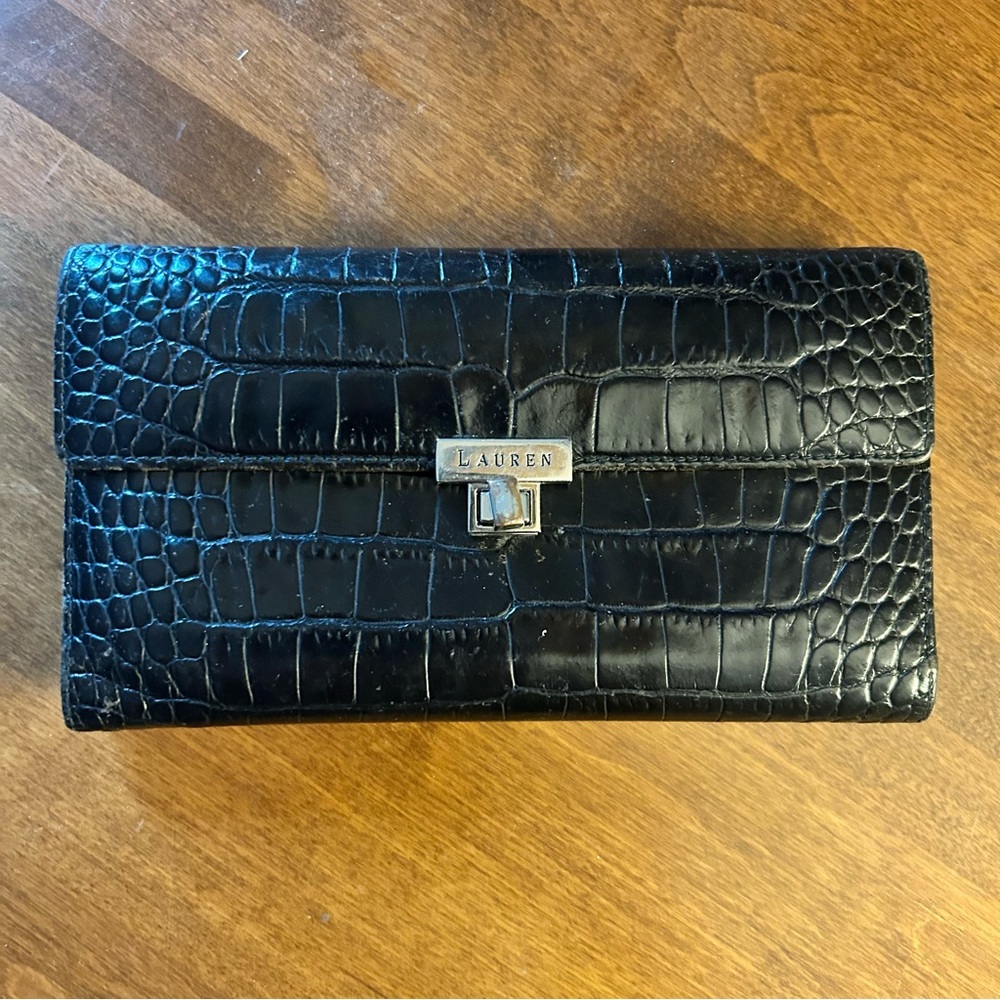 Lauren Ralph Lauren Vintage Black Leather Clutch Wallet Organizer Crocodile